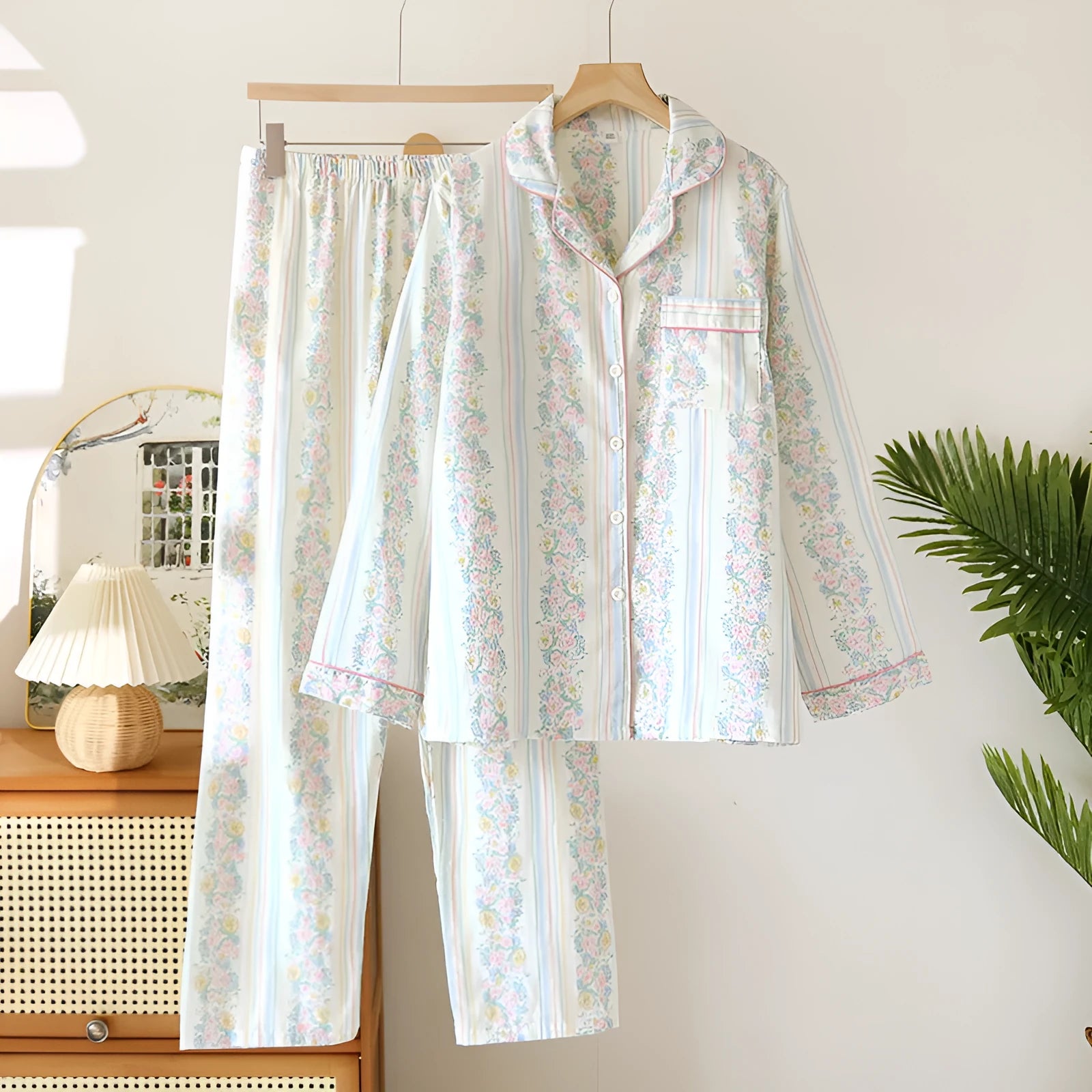 Women's cotton gauze loungewear set with long-sleeved top and trousers in a colour stripes print.