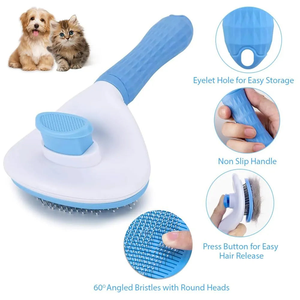 Blue cat grooming brush with release button and fine wire bristles for removing loose pet hair