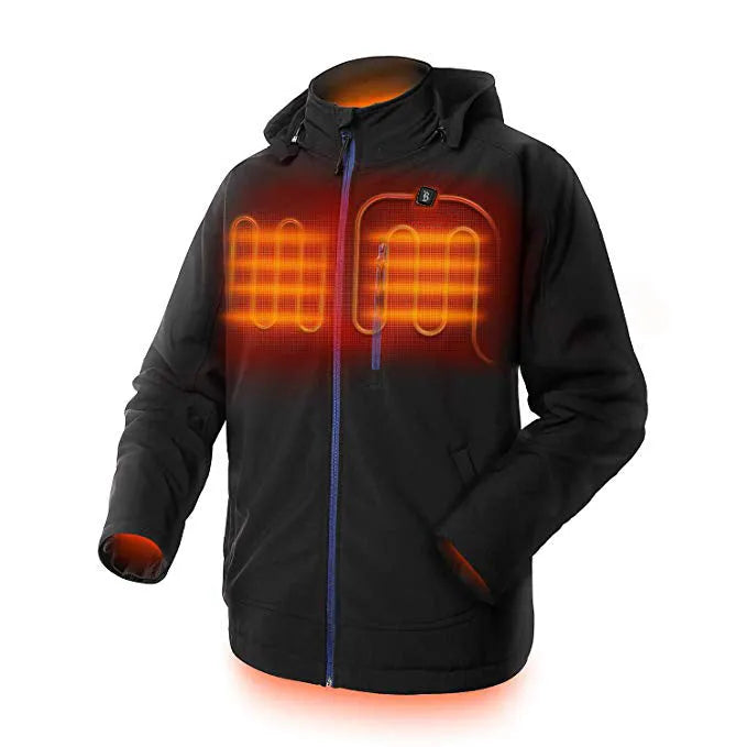 Black USB electric heated waterproof winter coat for men with zipper pockets and straight hem