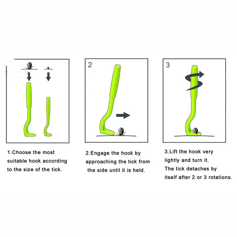 Three plastic tick removal hooks for pets in blue and green colours
