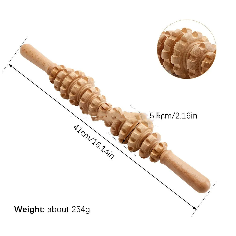 Natural beech wood massage roller set showing straight, curved and T-shaped designs