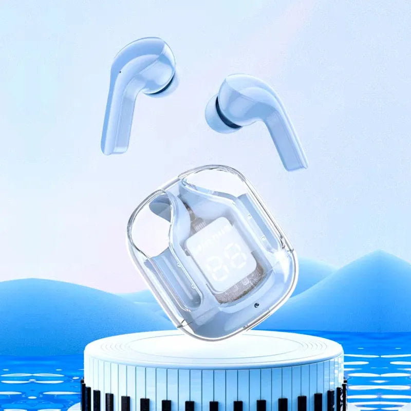 Space capsule transparent case Bluetooth earphones with digital display screen in five colour options