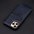 Dark blue PU leather protective iPhone case showing front and back views