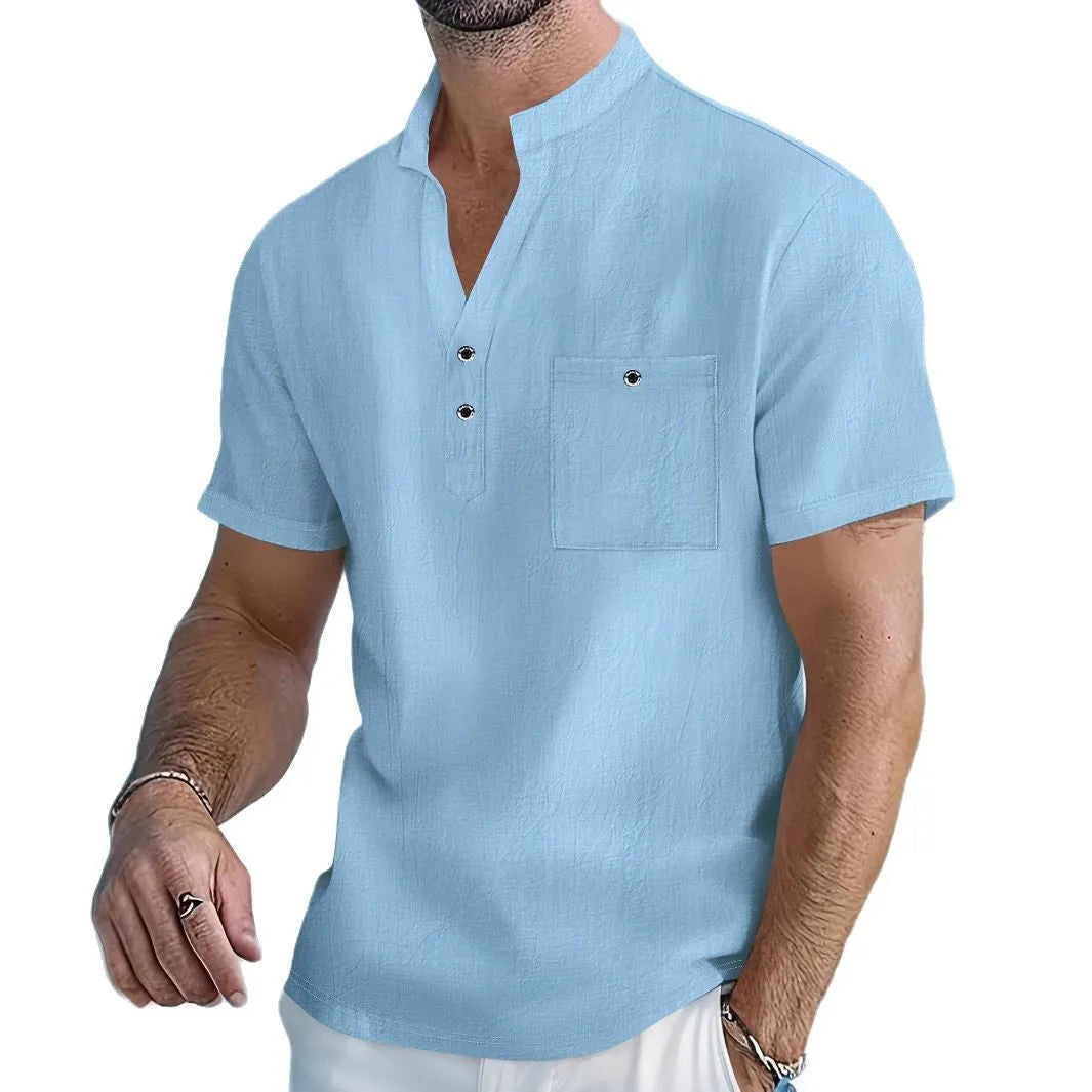 Men's linen stand collar t-shirt in light blue colour showing loose fit short sleeve design