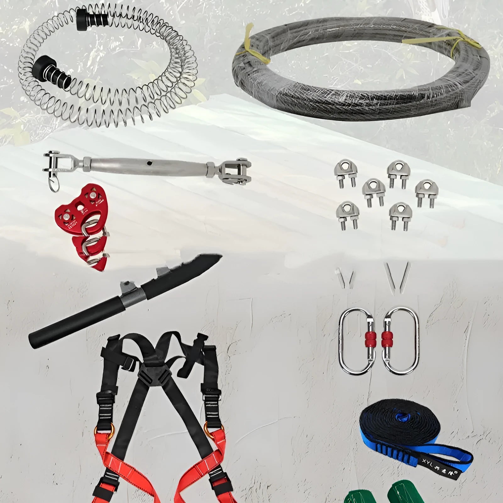 10 metre children's outdoor pulley slide rope with alloy steel mechanism and safety accessories