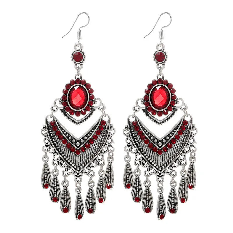 Purple retro court crystal long fringe drop earrings with ethnic style elements