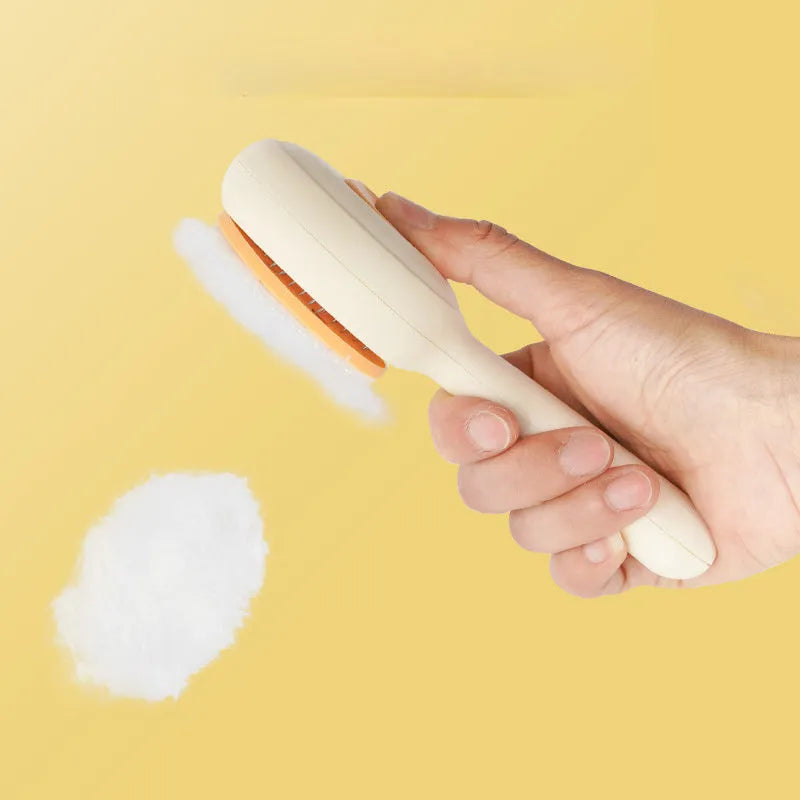 Green or yellow cat grooming brush with stainless steel comb teeth and a non-slip plastic handle.
