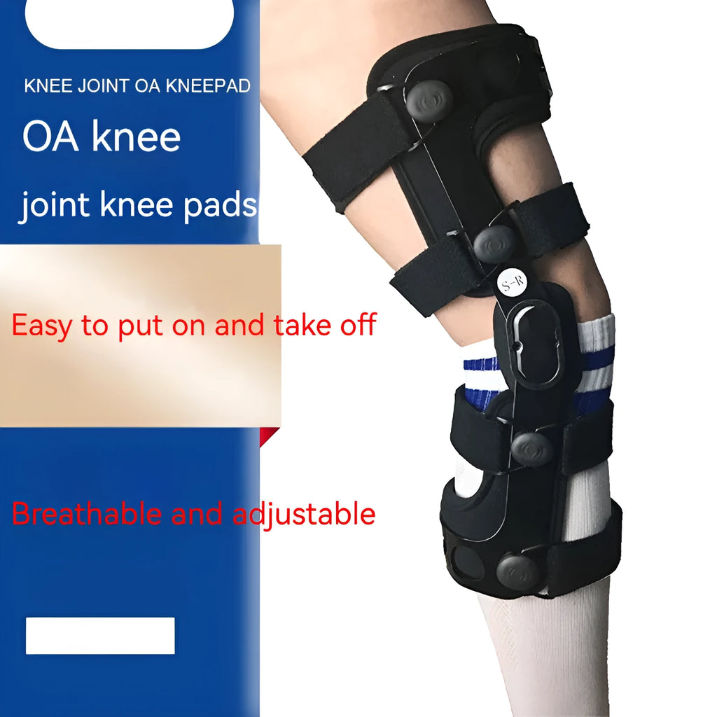 Black anterior ligament knee support brace with visible hinges, shown in various size options.