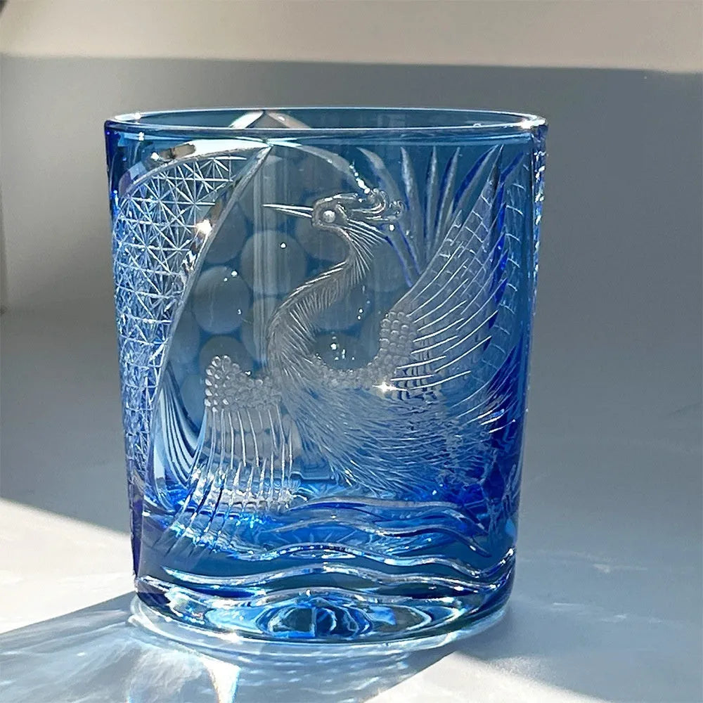 Hand carved crystal whiskey shot glass sky blue colour crane design 90x100mm