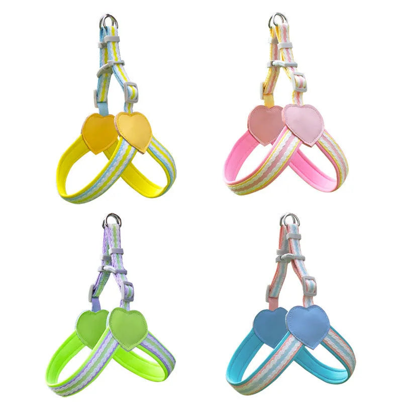 Nylon dog walking chest harness and rope leash in pink, blue, yellow, or green.