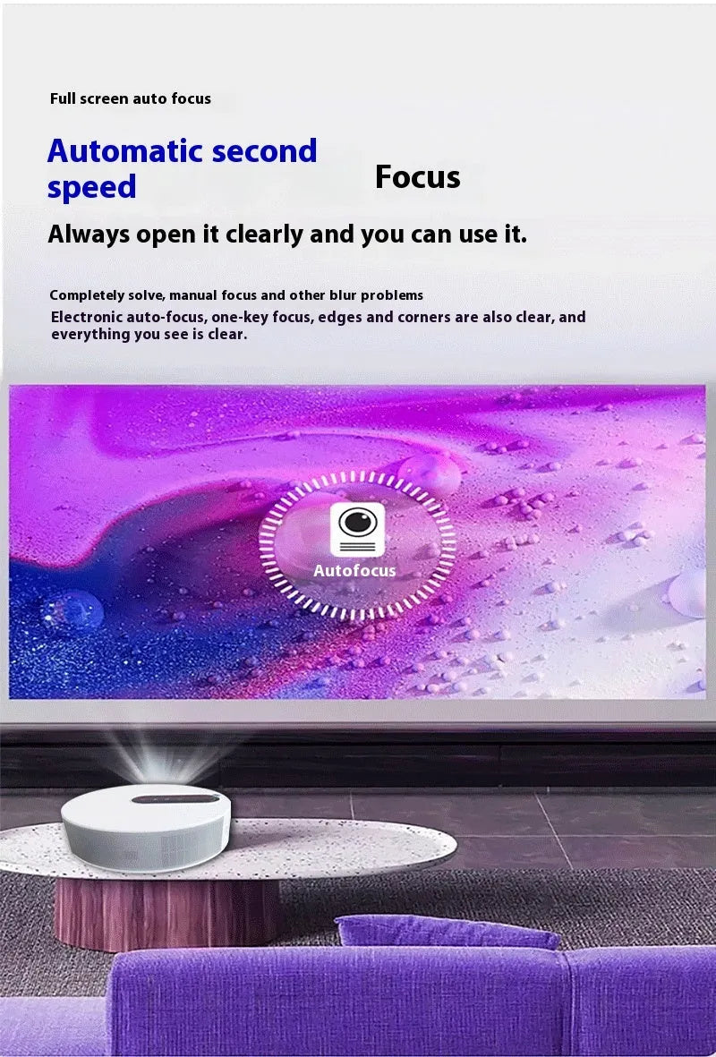 White HD 720p home theatre projector with remote control on a table