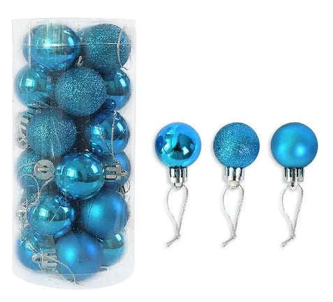 3cm diameter shiny and matte plastic Christmas baubles in gold, red, silver, and blue colours for tree decorating.
