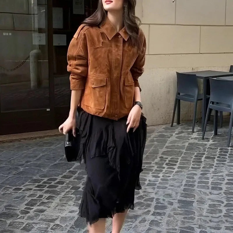 Women's brown suede-effect polyester coat with regular sleeves, street chic styling