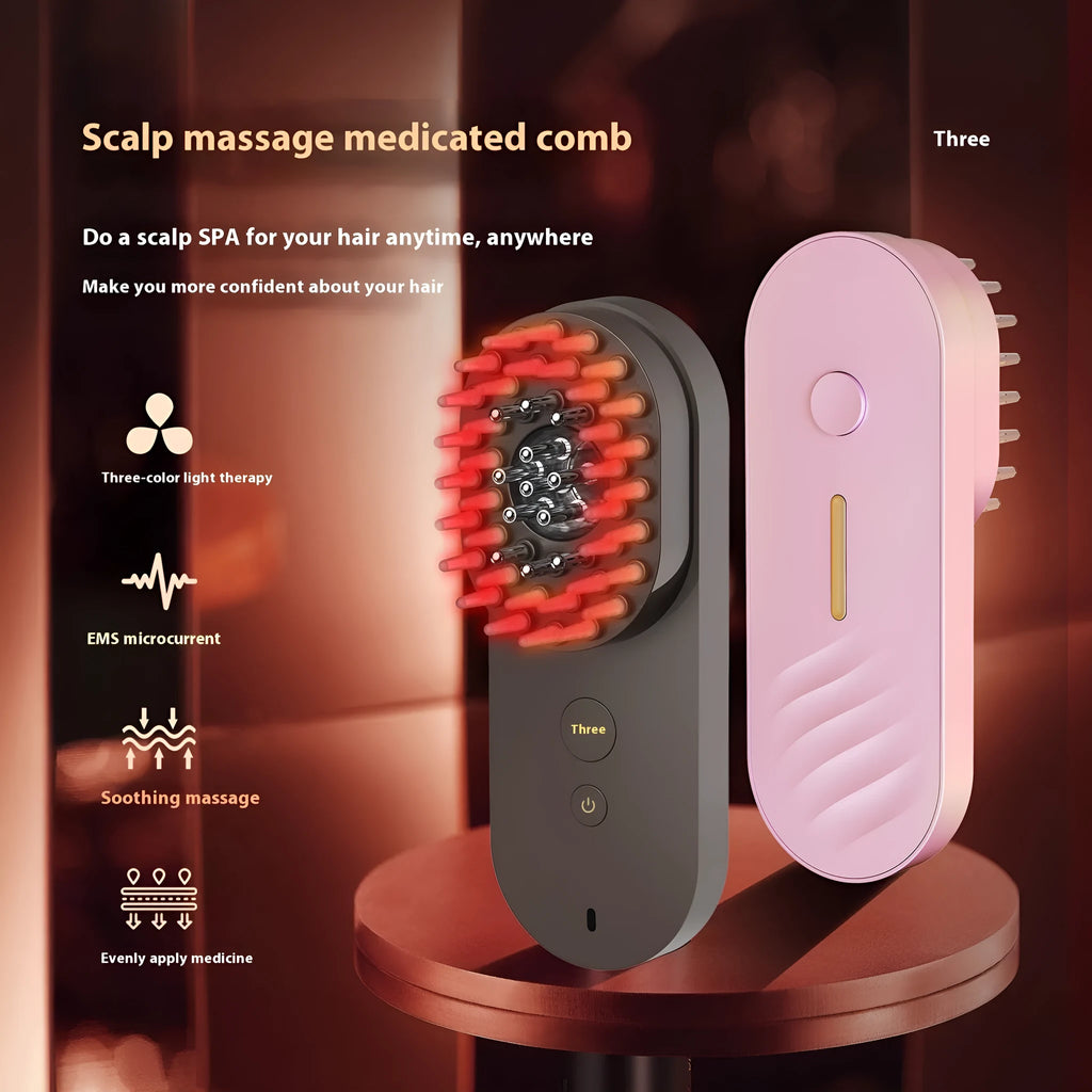 Smart massage comb with red light therapy technology in pink and black colour options