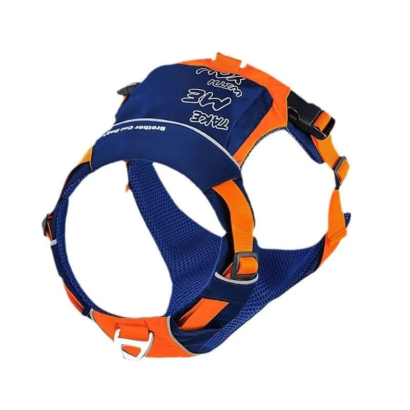 Orange blue nylon dog chest strap vest harness with integrated hand rope leash