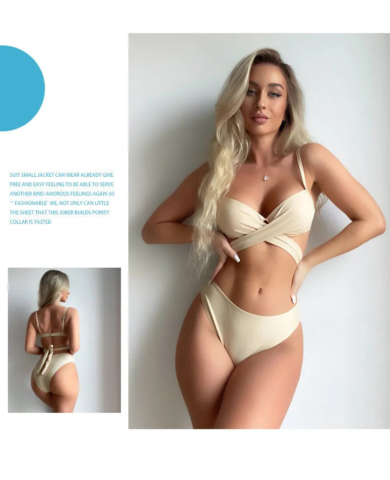Three-piece backless push-up bikini set in white with skirt included