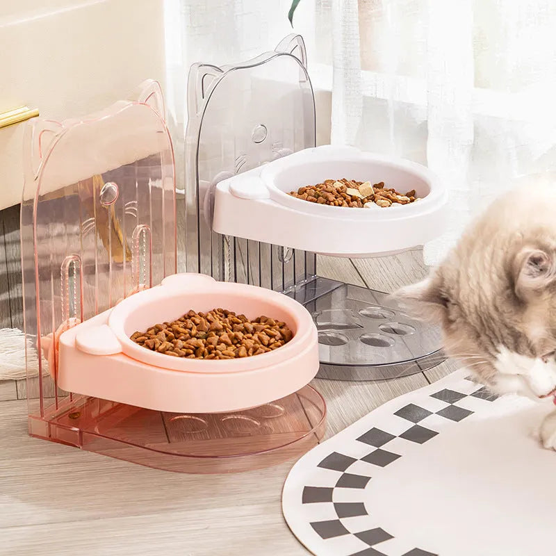 Grey cat ear design anti spill pet feeding bowl with adjustable height and removable hanging cage