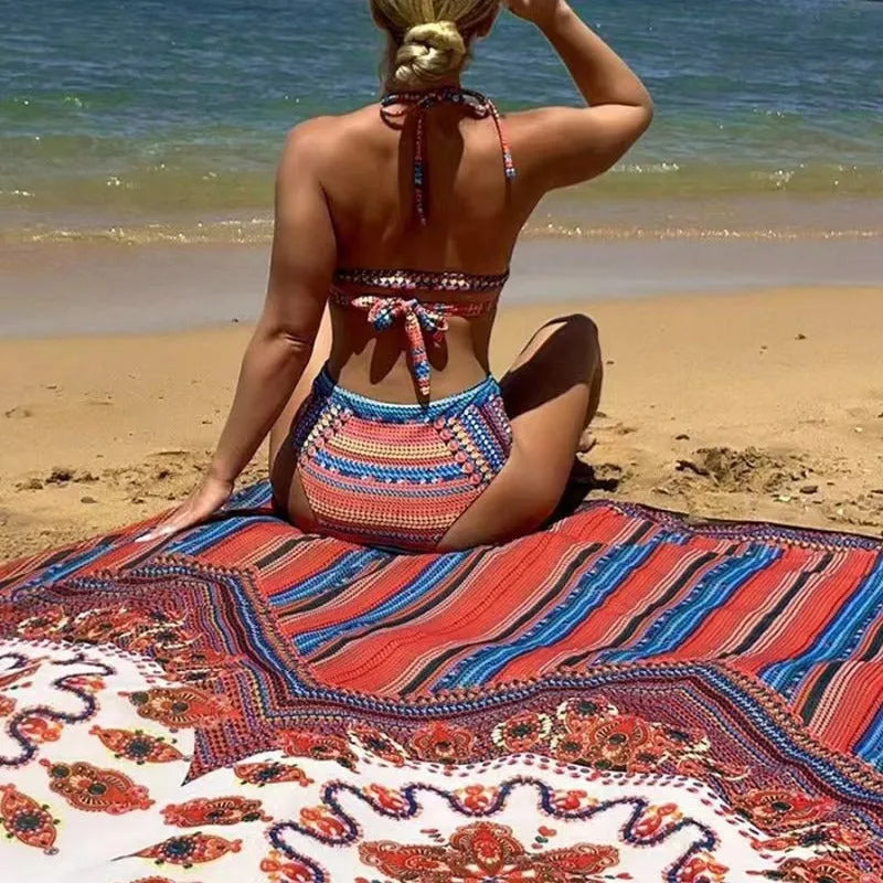 Women's three-piece swimsuit set showing high-waisted briefs, sleeveless cutout top, and coordinating coat