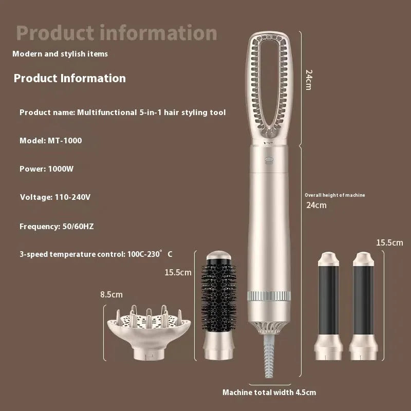 Champagne gold five-in-one hot air comb hair curler and straightener styling tool.