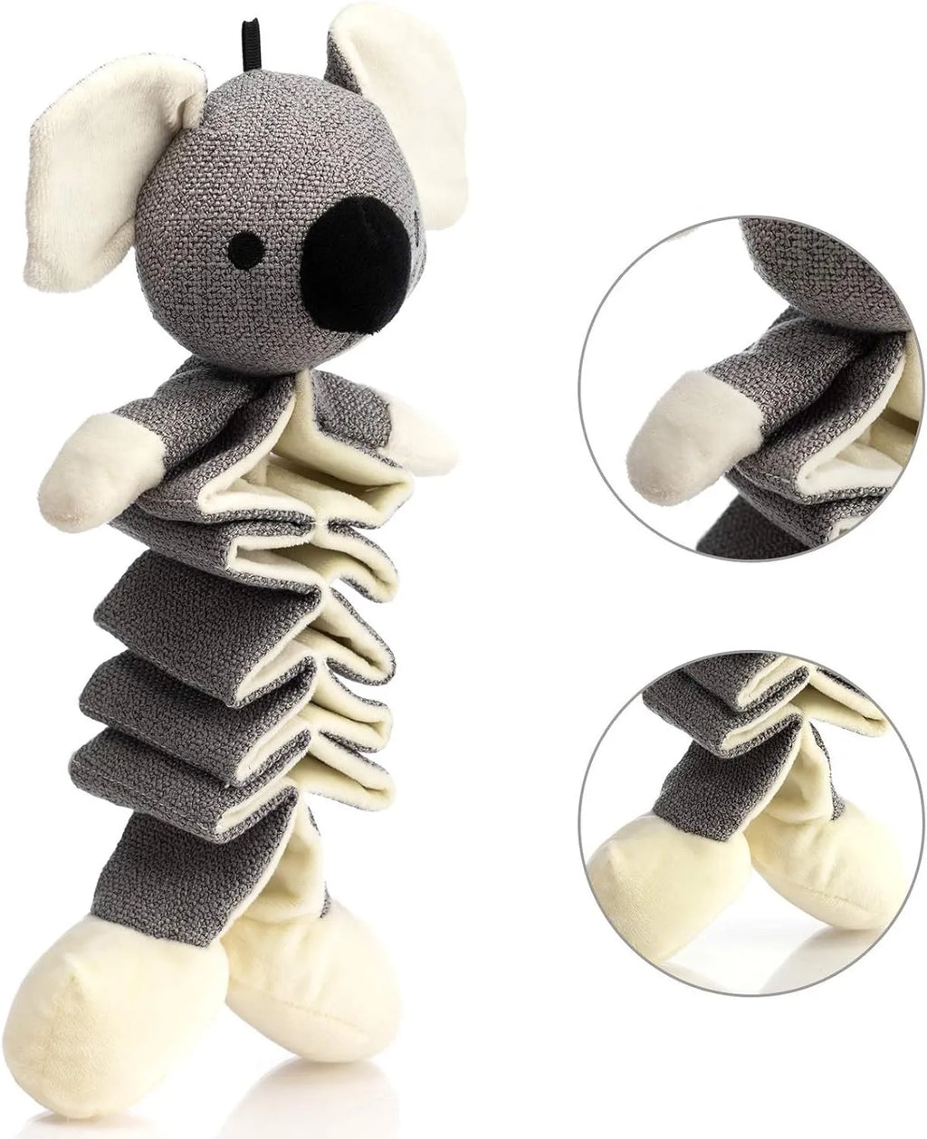 Grey koala squeaky dog toy measuring 30cm with crinkle paper interior and rope reinforcement