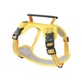 Multi-colour polyester dog chest harness with attached lead in sizes for small to large breeds.