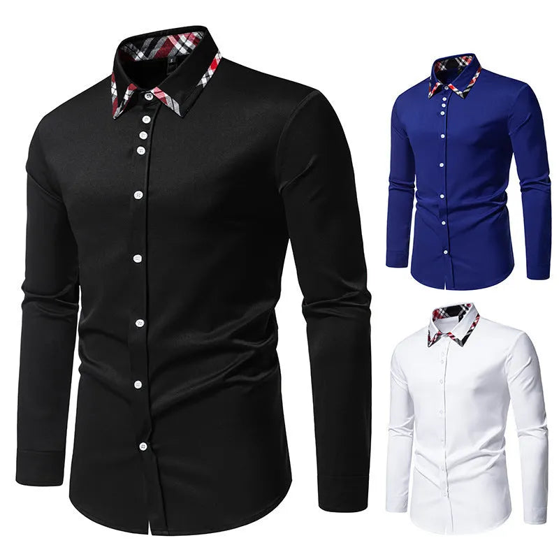Men's blue plaid casual shirt with triangle collar and long sleeves