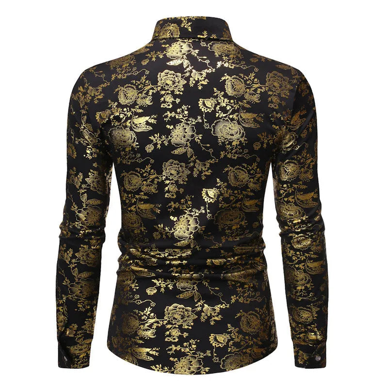Men's metal bronzing printed lapel cardigan shirt in wine red with long sleeves