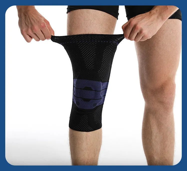 Adult sports knee pads in black and blue colour, sizes S M L XL for basketball and running protection
