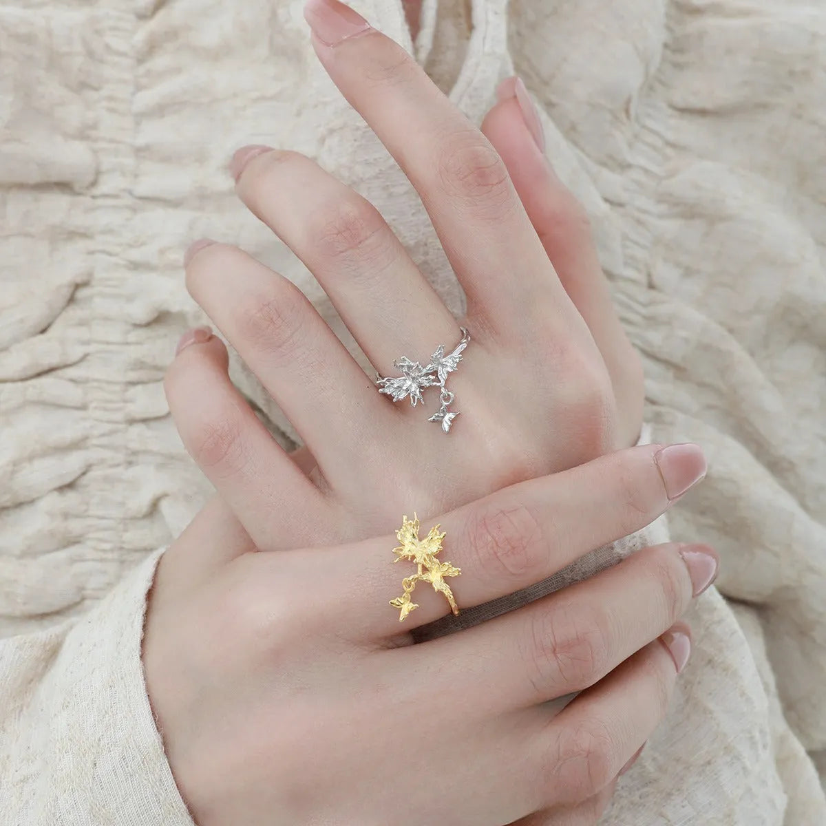 Adjustable silver butterfly ring with electroplated white gold or 18K gold finish
