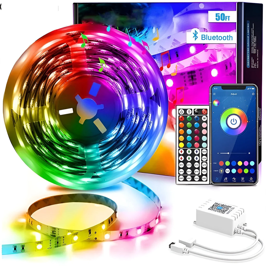 Roll of 5050 RGB LED strip light with a 44-key remote control and power adapter on a white background.