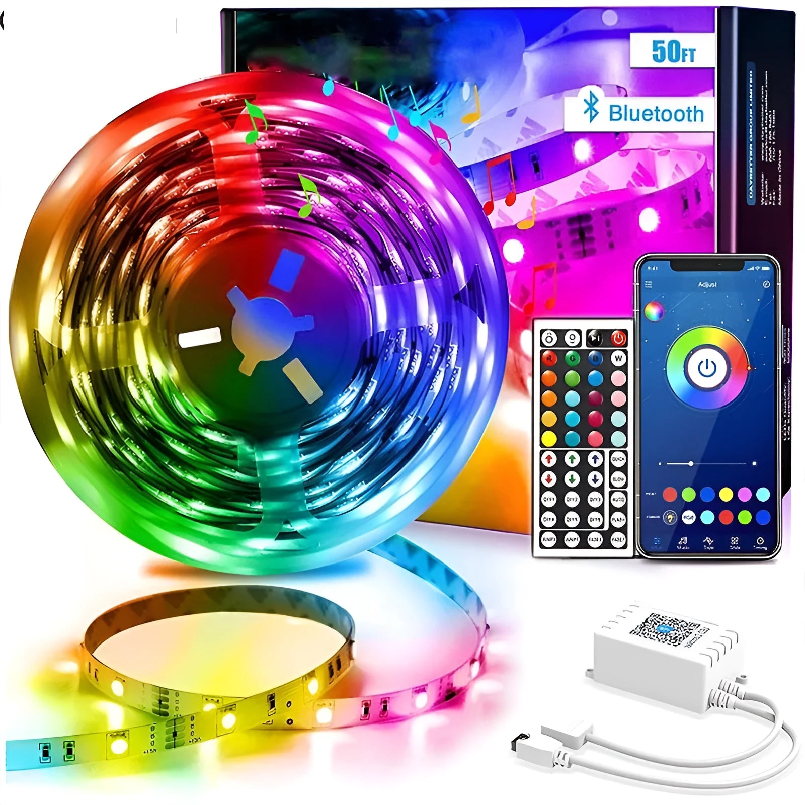 Roll of 5050 RGB LED strip light with a 44-key remote control and power adapter on a white background.