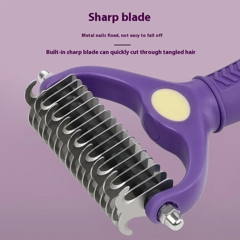 Purple double-sided plastic comb for untying knots in dog fur.