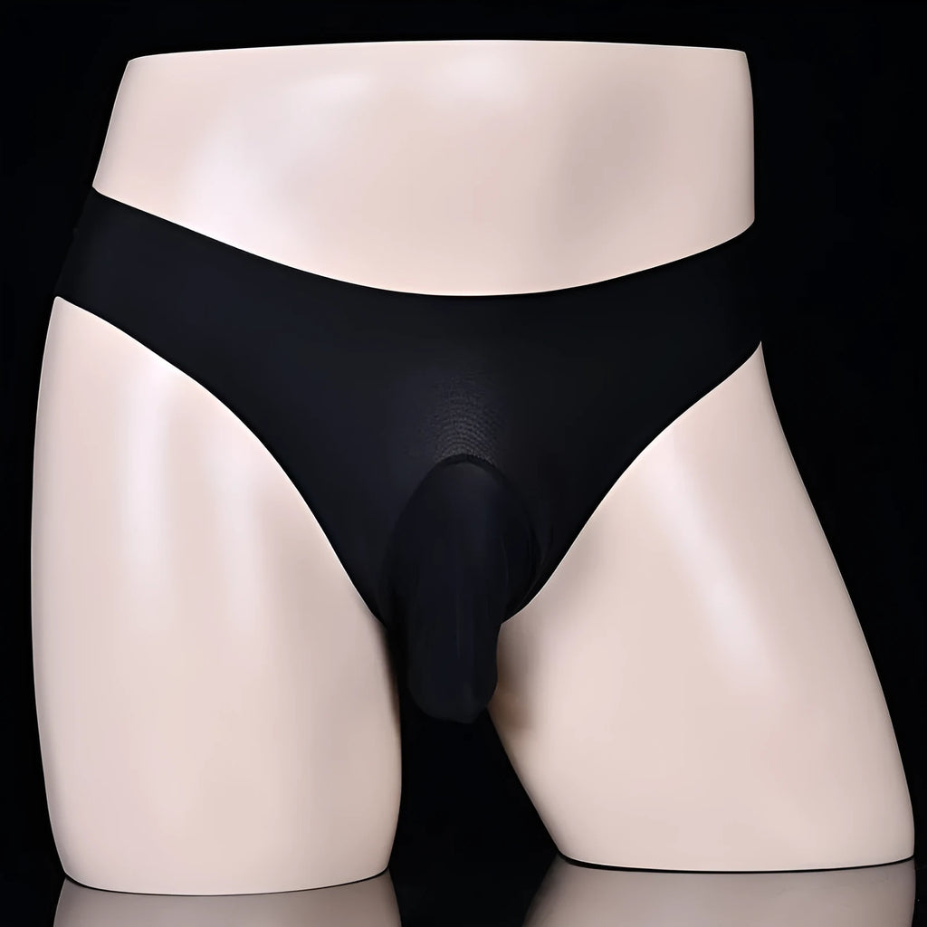 Men's ice silk underwear briefs showing open, closed, and egg mold T-back designs in multiple colours.