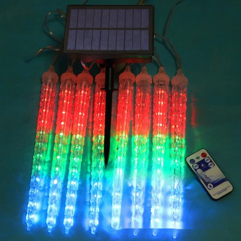 Solar-powered LED ice cone meteor shower festoon lamp with remote control on a bracket.