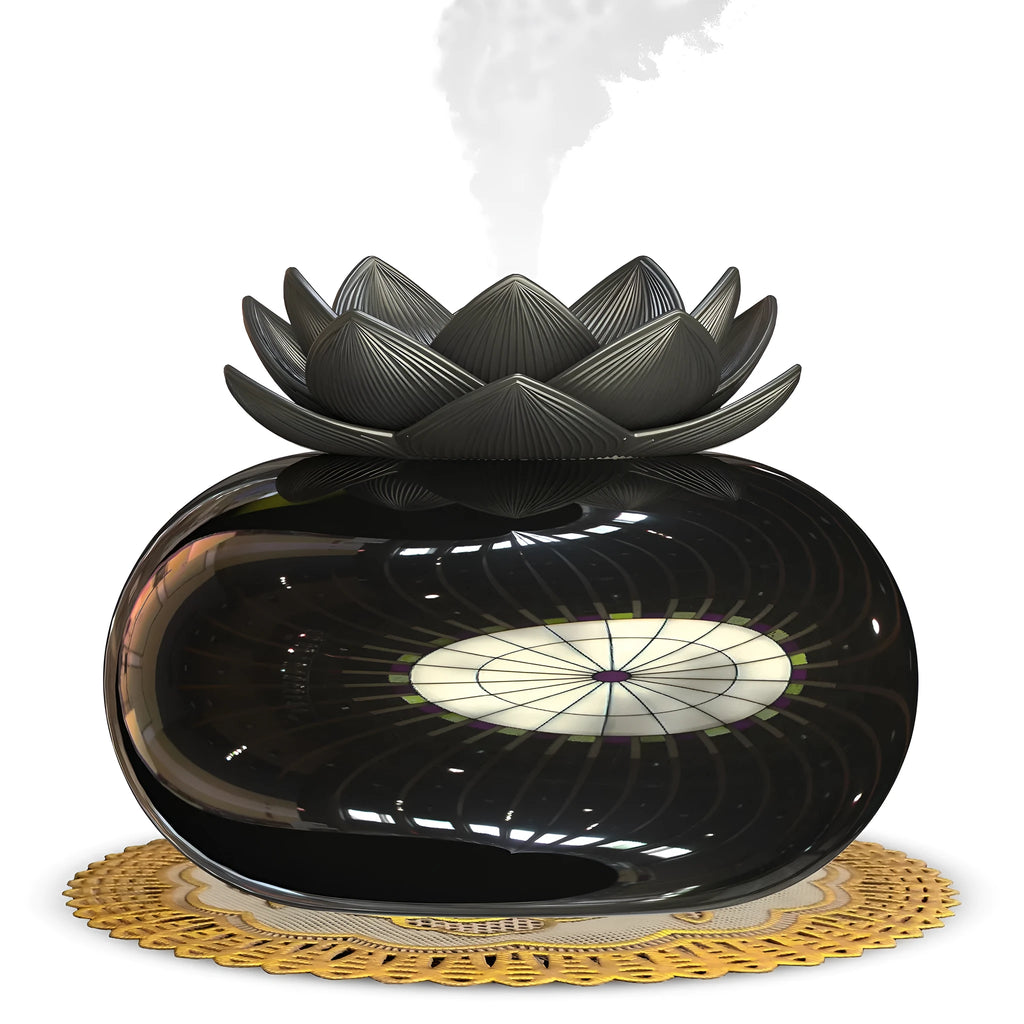 Pure black Lotus aromatherapy humidifier with USB port and mist outlet