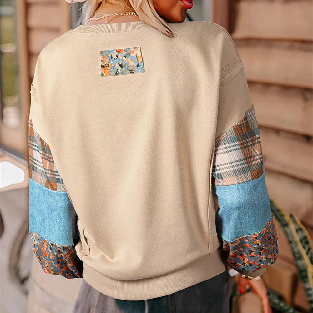 Women's plaid stitching long-sleeved top in loose Japanese Korean casual style, apricot colour option