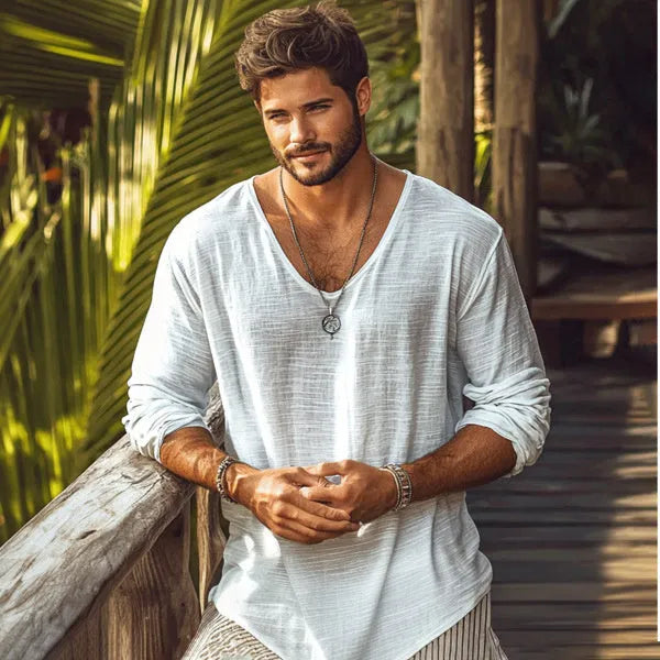 Men's beige slim fit V-neck long sleeve t-shirt laid flat