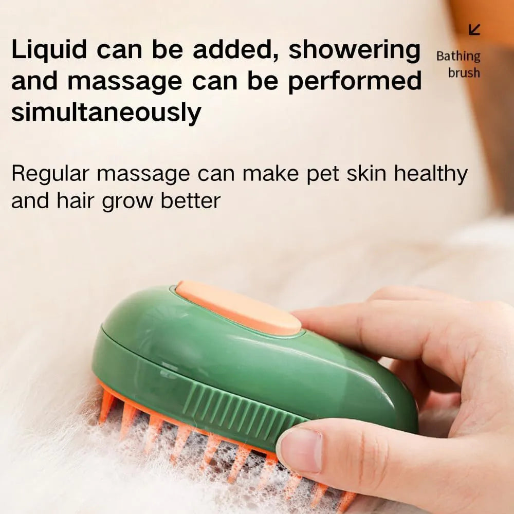Green and white rechargeable cat steam brush with silicone teeth, shown with water spray function.