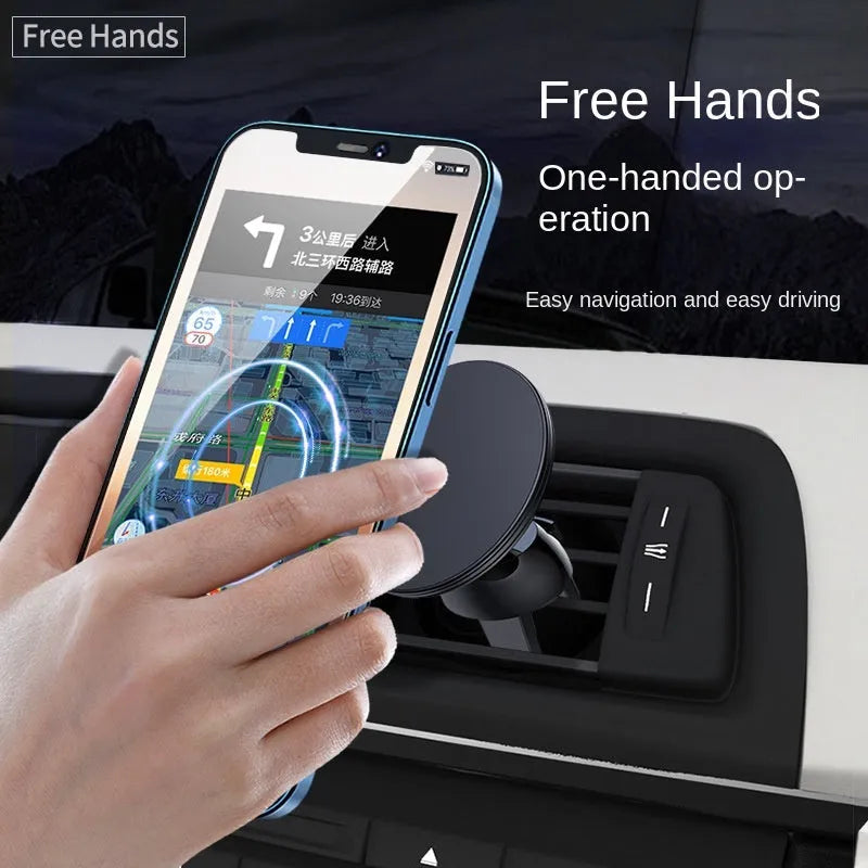 Black aluminium alloy magnetic car phone holder mounted on car air vent