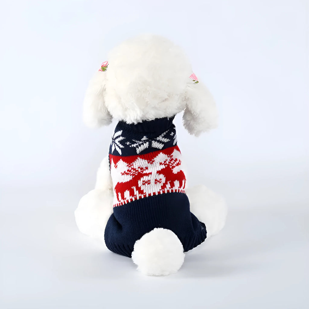 Navy blue knitted Christmas sweater for dogs showing European and American styling with four size options