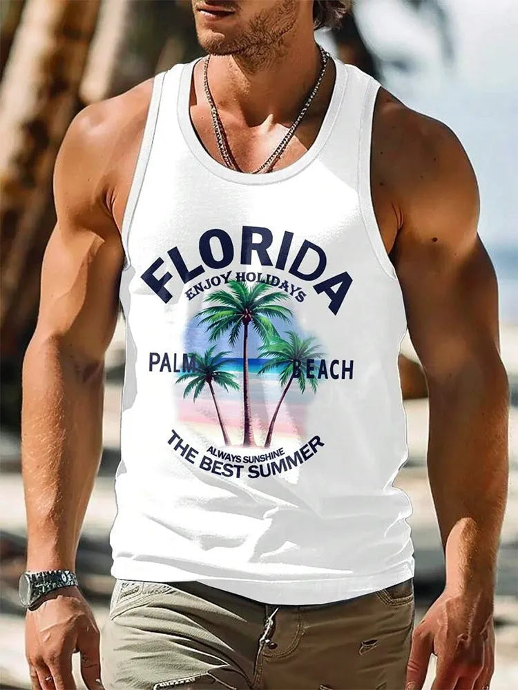 Man wearing a solid-colour 3D printed sleeveless vest in a Hawaiian style.