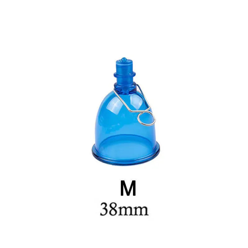 Blue silicone masturbator cup for men, shown in small, medium, and large sizes.