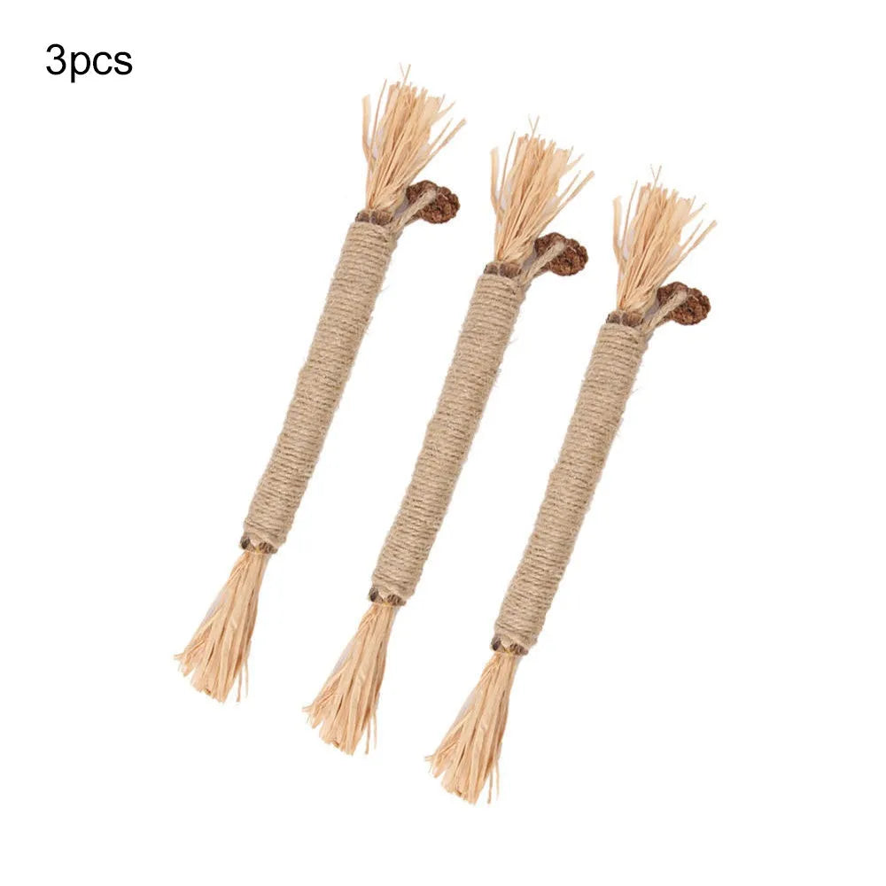 Three natural silvervine sticks for cats dental chew toys showing thick and fine diameter options