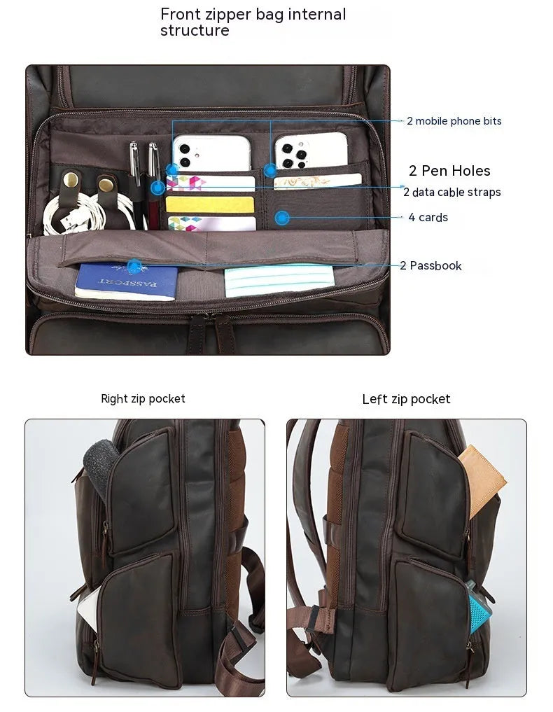 Dark brown retro genuine leather backpack for men, open to show laptop compartment and internal organisers.