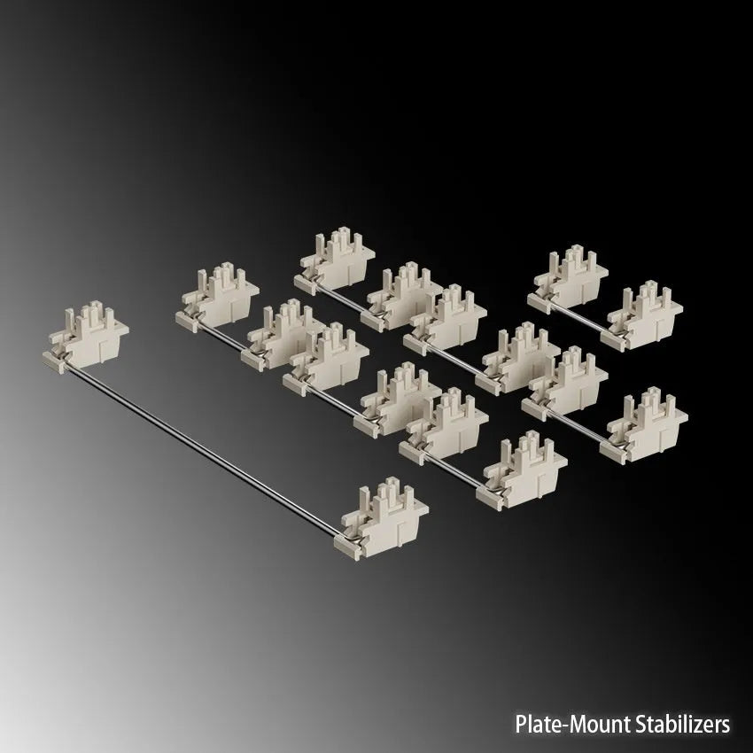 Black and milky white mechanical keyboard stabiliser shaft sets with a 4.3-inch screen on a grey background.