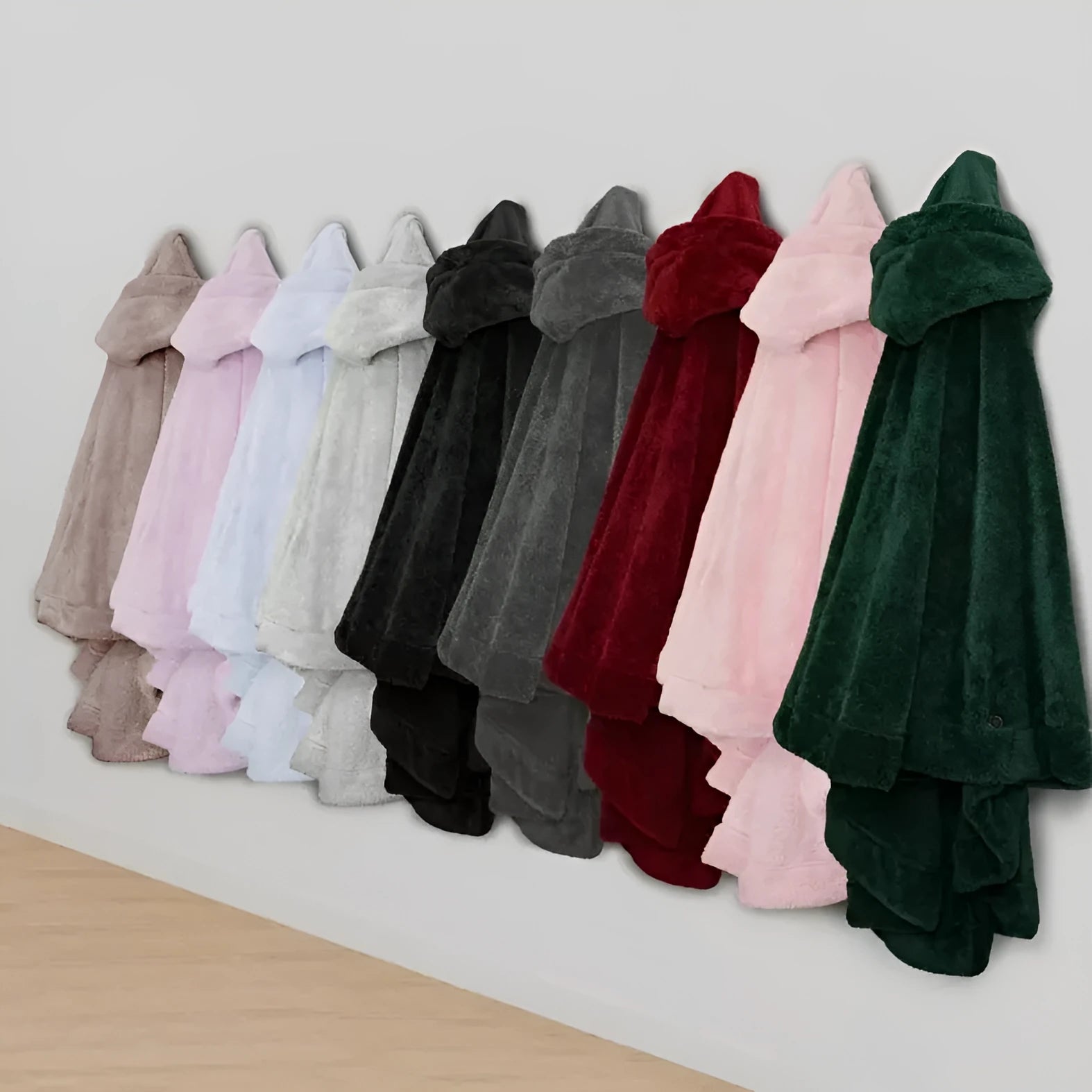 Thickened hooded bathrobe in polyester shown in black, dark grey and pink colour options