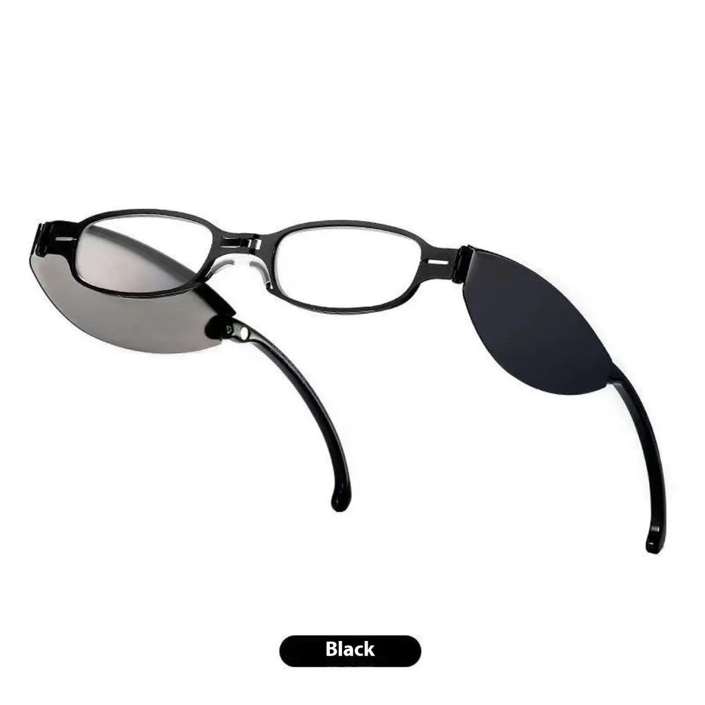 Folding presbyopic glasses with retro ring design in black frame collapsed for pocket storage