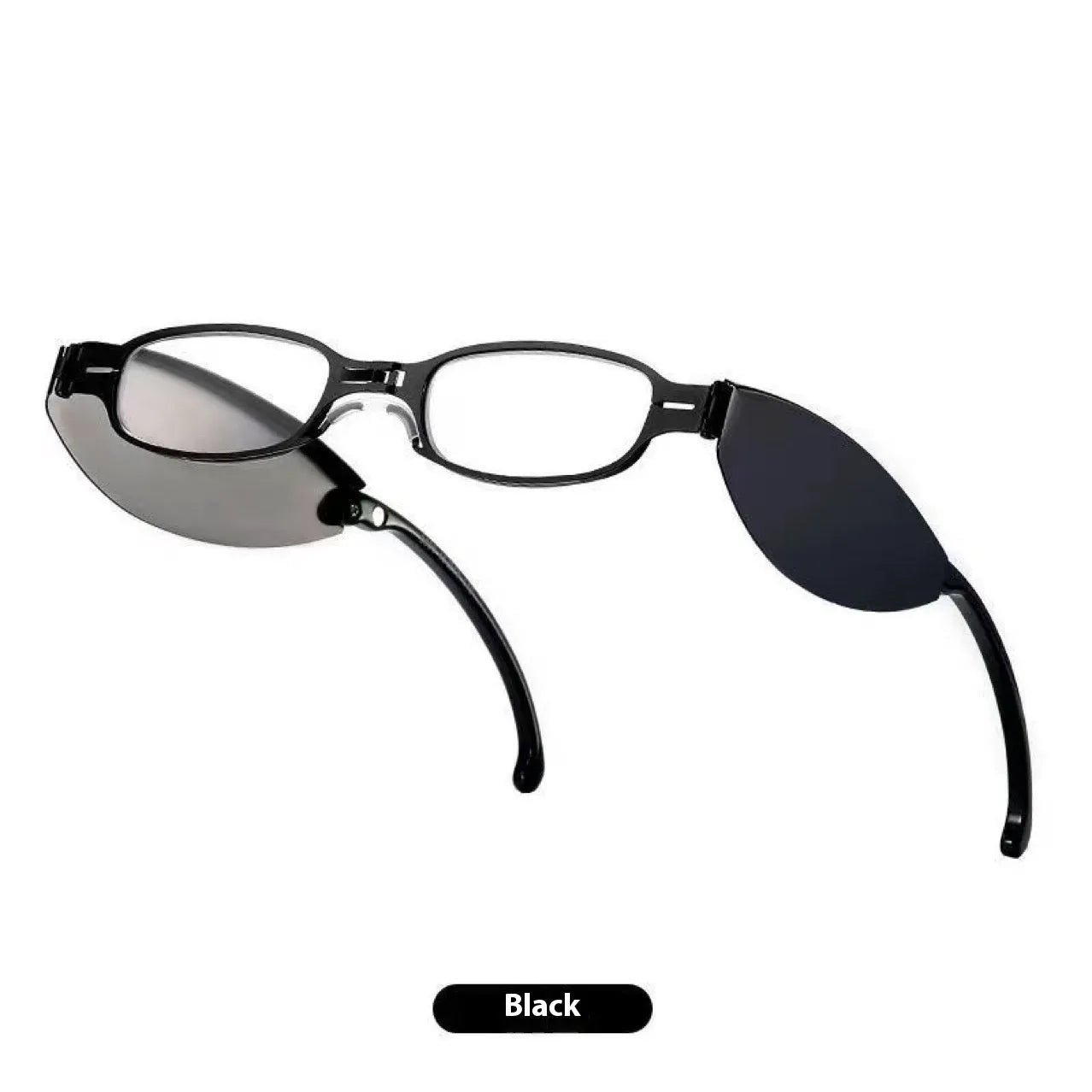 Folding presbyopic glasses with retro ring design in black frame collapsed for pocket storage