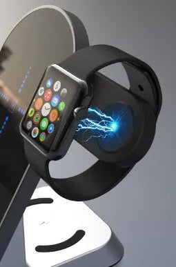 Black multifunctional alarm clock with wireless charging station for phone, Apple Watch, and earbuds