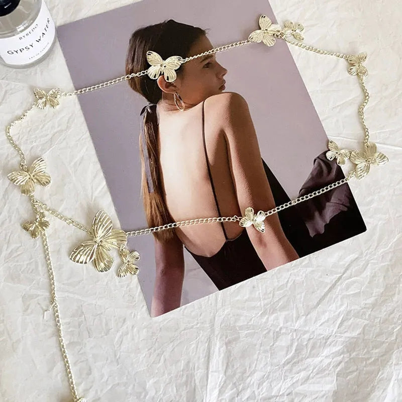 Golden butterfly waist chain belt for women, 104cm alloy retro jewellery